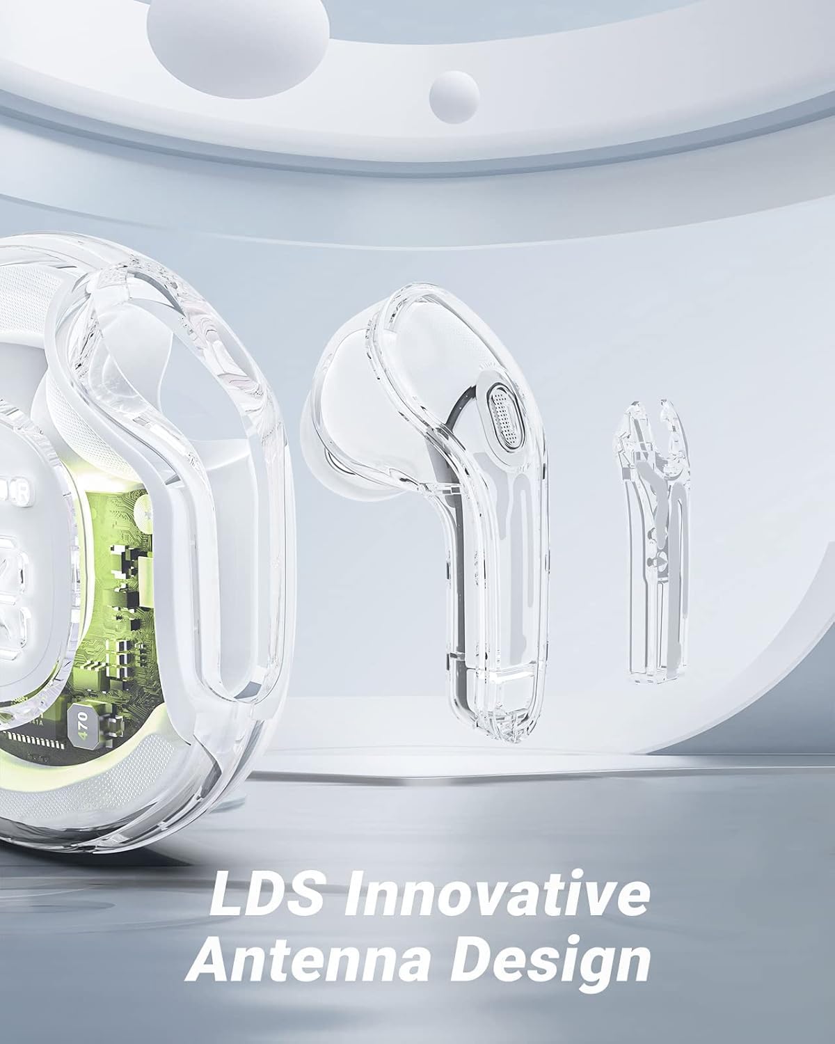 Clear Beat Cuffie Auricolari Wireless Bluetooth 5.3, Design Trasparente, Suono Cristallino, Impermeabili IPX4, Custodia con Ricarica Smartphone, Microfono Integrato, Autonomia 2-3 Ore, USB-C (Bianco)