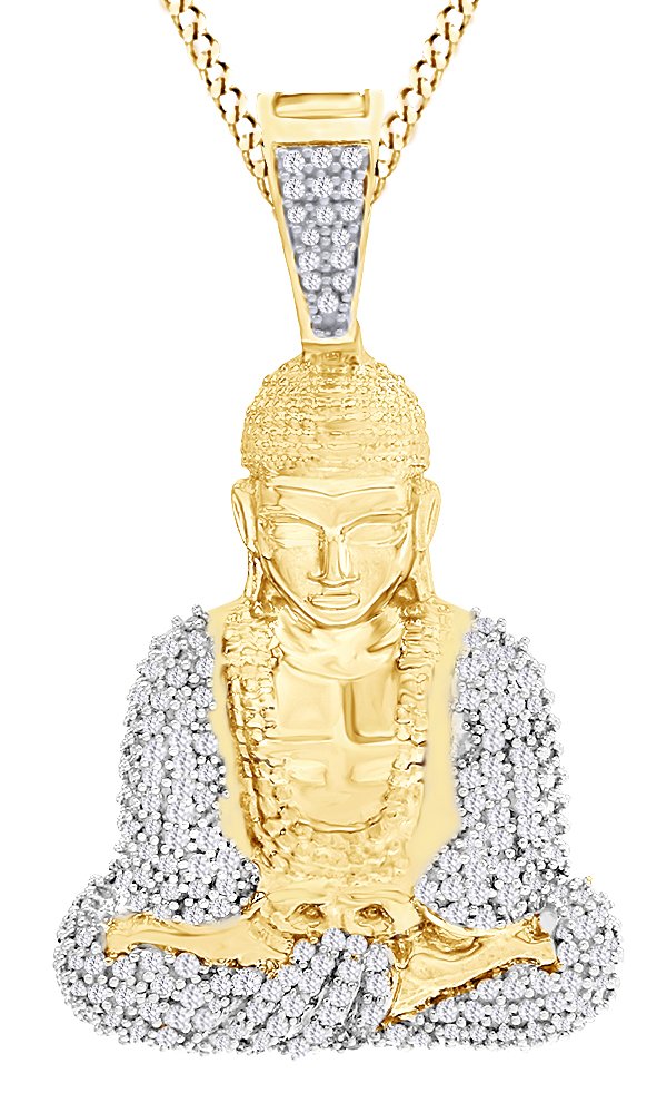 Jewel Zone US White Natural Diamond Buddha Charm Pendant in 10k Solid Gold (0.63 Cttw)