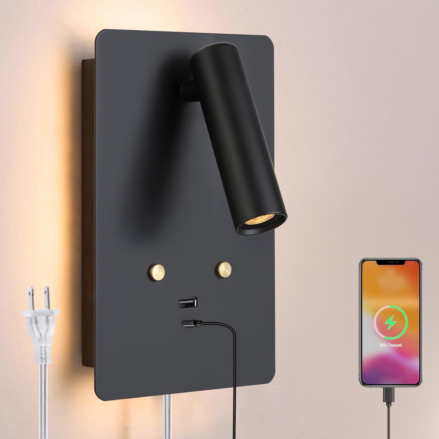 ZEROUNO LED Wall Mounted Reading Light, Adjustable Headboard Plug in Wall Sconce with USB C+A Ports, Touch Control Wall Sconce Lighting for Bedroom Bedside Lamps(Black