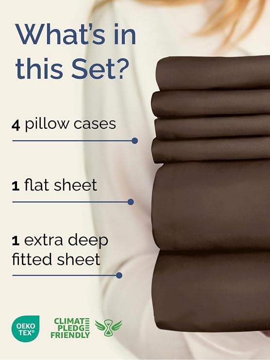 Extra Deep Queen Sheet Set - 6 Piece Breathable and Cooling Sheets - Brown | Hotel Luxury Bed Sheets Set, Easy & Secure Fit, Ultra-Soft, Wrinkle & Fade Free, Comfy Sheets Set with Extra Deep Pockets