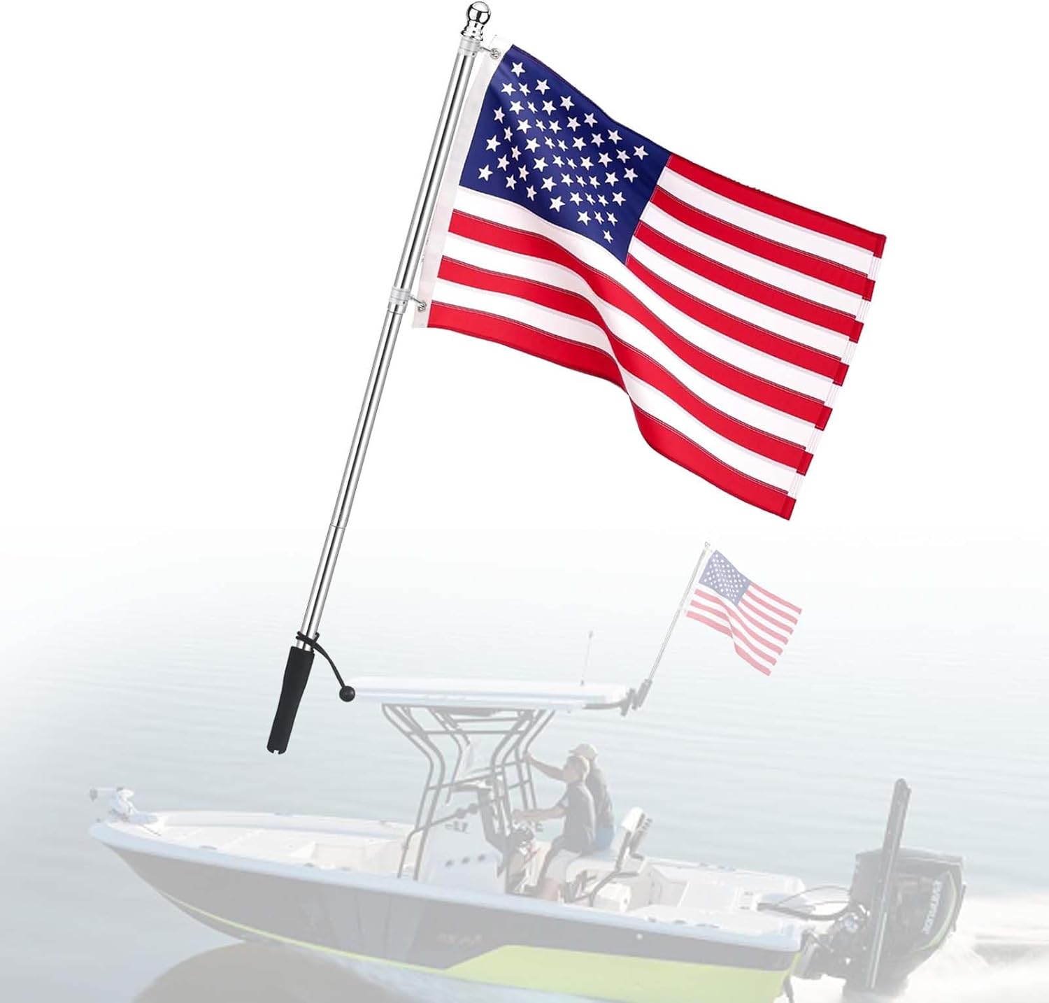 Boat Flag Pole for Rod Holder, 4FT Marine Grade Stainless Steel Kit with 16"x24" American Flag, Anti-Tangle Rotating Rings, EVA Grip and Bungee Retainer for Fishing Boat, Yacht, Pontoon