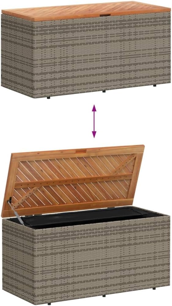 Outdoor Storage Box with Acacia Wood Top Gray 43.3"x19.7"x21.3" PE Rattan Deck Box Weather-Resistant Patio Furniture Storage Bench for Poolside Backyard Garden
