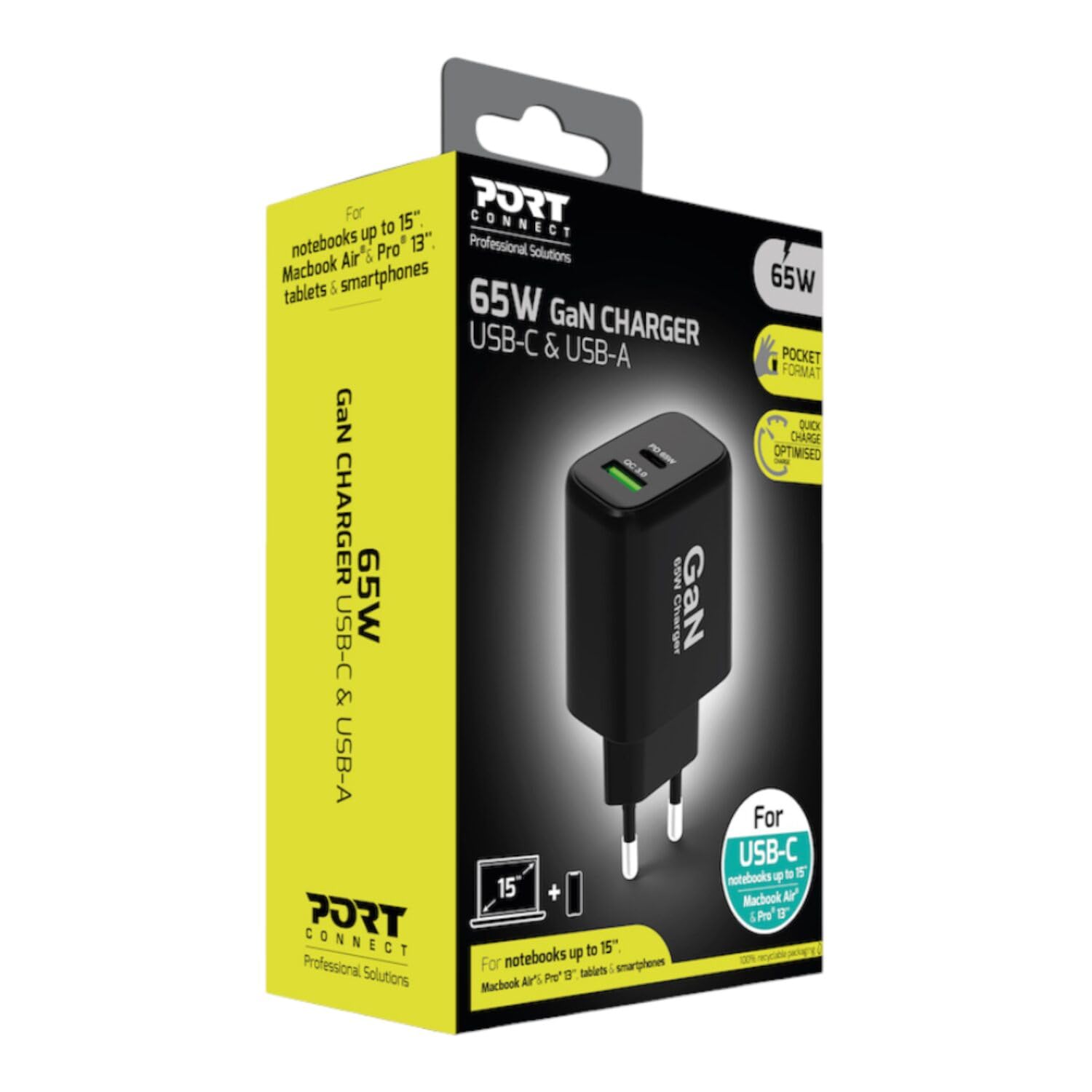 Caricabatterie Da Muro Gan UsB-C E UsB-A - Port Designs - 902104eu - 65 W - Nero