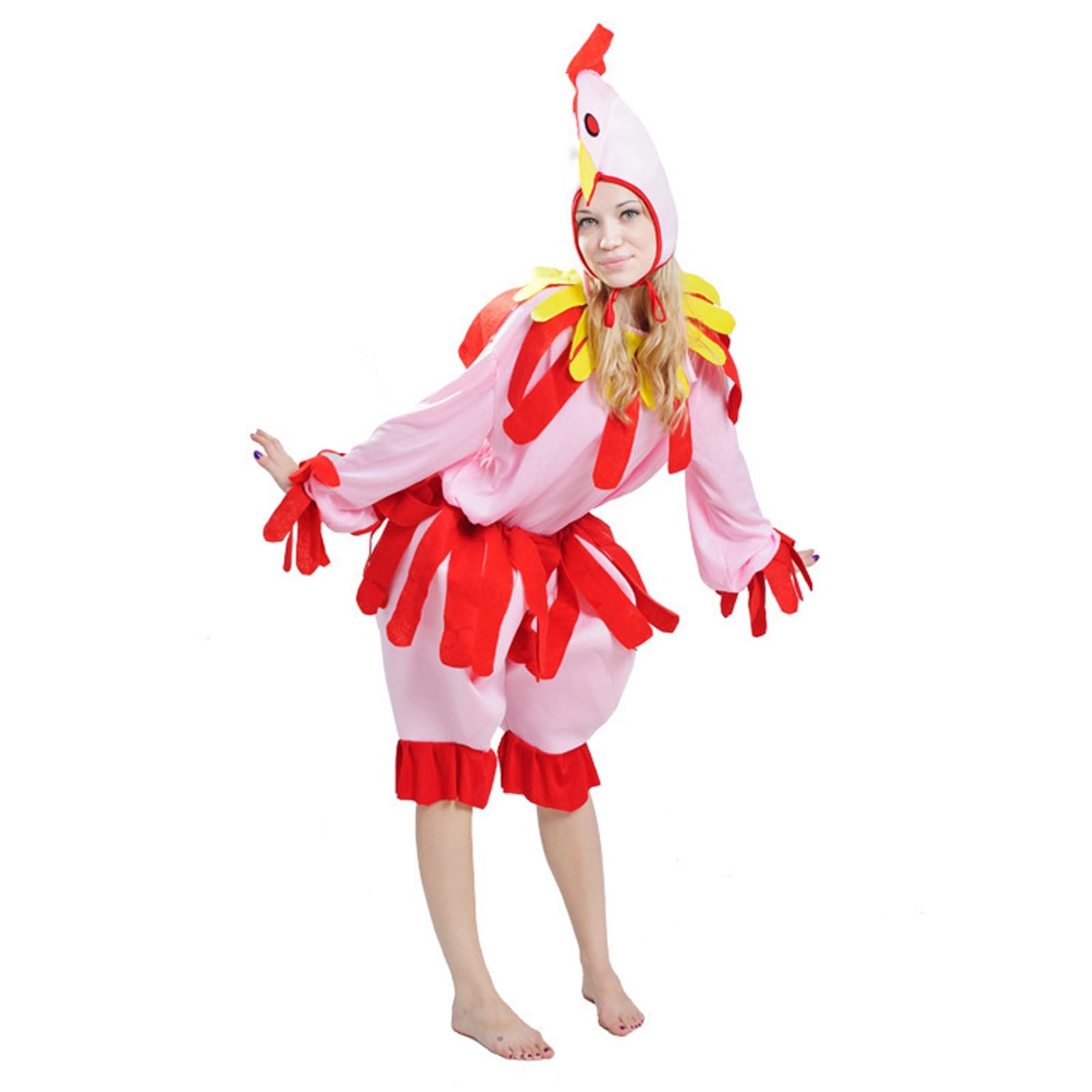 Disfraz de pollo para mujer con capucha, cinturón, cola, cubrepies, cuello y mono. Ideal para fiestas de animales, carnaval y disfraces de Halloween