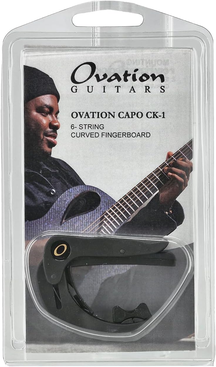 OVATION CK1 Capo for Acoustic Guitar and Electric Guitar with Curved Fingerboards Patented One-Handed Operation Very Light Approx. 25 g Easy to Assemble Black Made in Germany