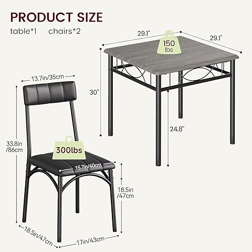 Miniatura 3 de Gyabnw, Juego de mesa de cocina cuadrada de metal y madera con 2 sillas tapizadas para el hogar, granja, espacios pequeños, apartamento, gris rústico