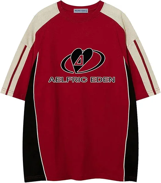 Aelfric Eden Oversized Graphic Tees Men Contrast Color Speedway Racing Tee Unisex Streetwear Tshirt Patchwork Polo Tee