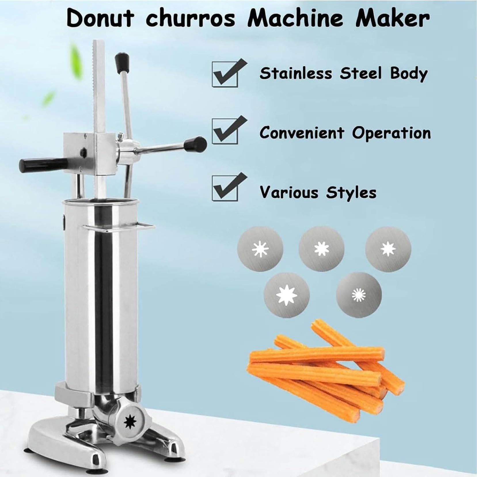 UWYTGF Machine to Make Spanish Donuts,Manual Churros Machine,with 1 Apron,5 Molds and 4 Pairs of Gloves,Great Capacity and Compact Size,Rotating Mango Design,Say