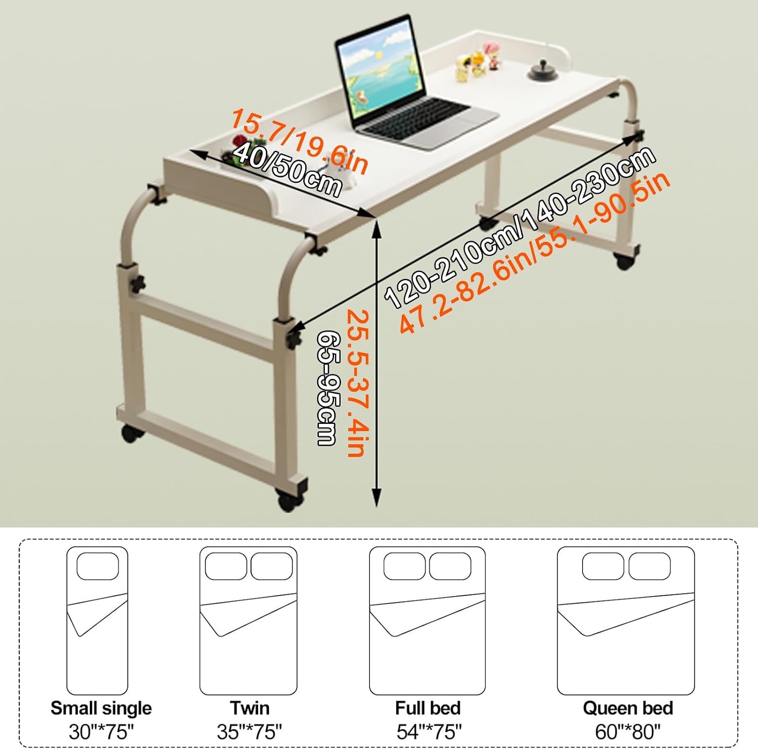 YVYKFZD Mobile Overbed Table with Wheels, Bedside Table Adjustable Height and Length, Standing Over Bed Table King Size, Laptop Cart Over Bed Desk, for Hospital and Home (Color : Oak Color, Size : 1
