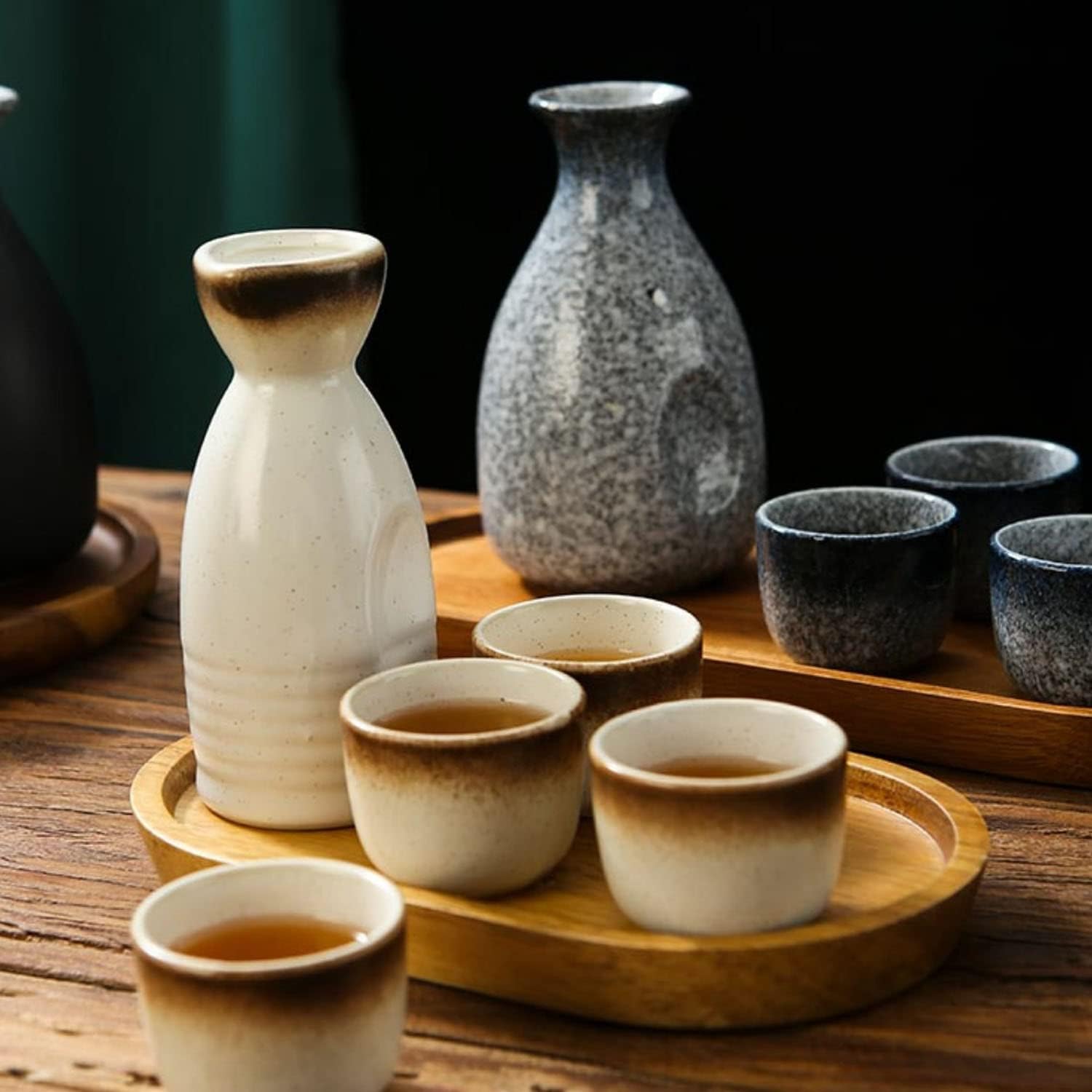 Japanese Sake Set Ceramic Sake Bottle and Sake Cups with Wooden Tray for Home or Restaurant (1 pot 4 cups)