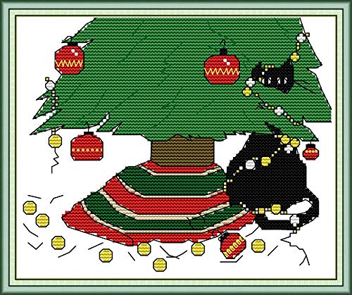 YEESAM ART Cross Stitch Kits Stamped For Adults Beginner Kids, Christmas Tree Black Cat 11CT 32×25cm DIY Embroidery Needlework Kit With Easy Funny Preprinted Patterns Needlepoint Christmas (Tree)