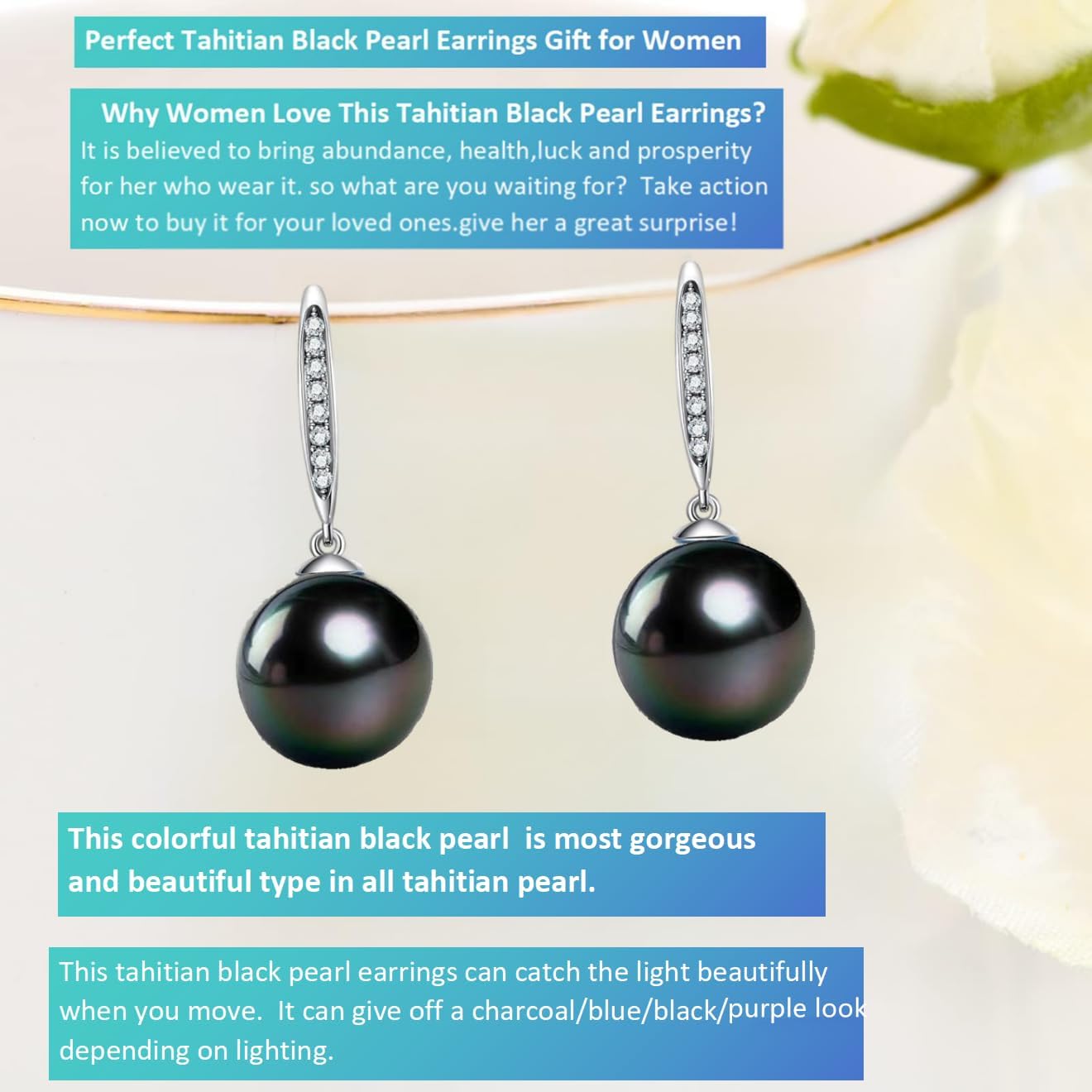 Gift for Wife Women Tahitian Black Pearl Dangle Earrings Anniversary birthday Wedding Valentines Christmas Mothers Day Gift for Wife Women Mom Girlfriend Friends Daughter (Tahitian Black Pearl Dangled Earrings) - Image 2