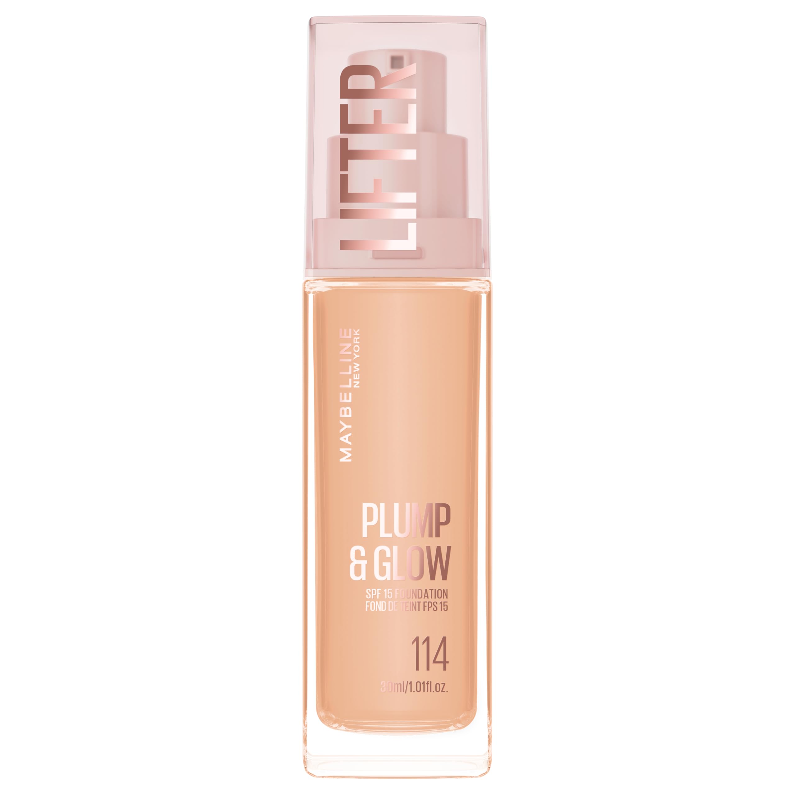 Maybelline New York Foundation with SPF20, Lifter Plump & Glow Foundation, All Day Wear, Buildable and Radiant Coverage, Plump and Brighter Skin Overtime, Shade: 114