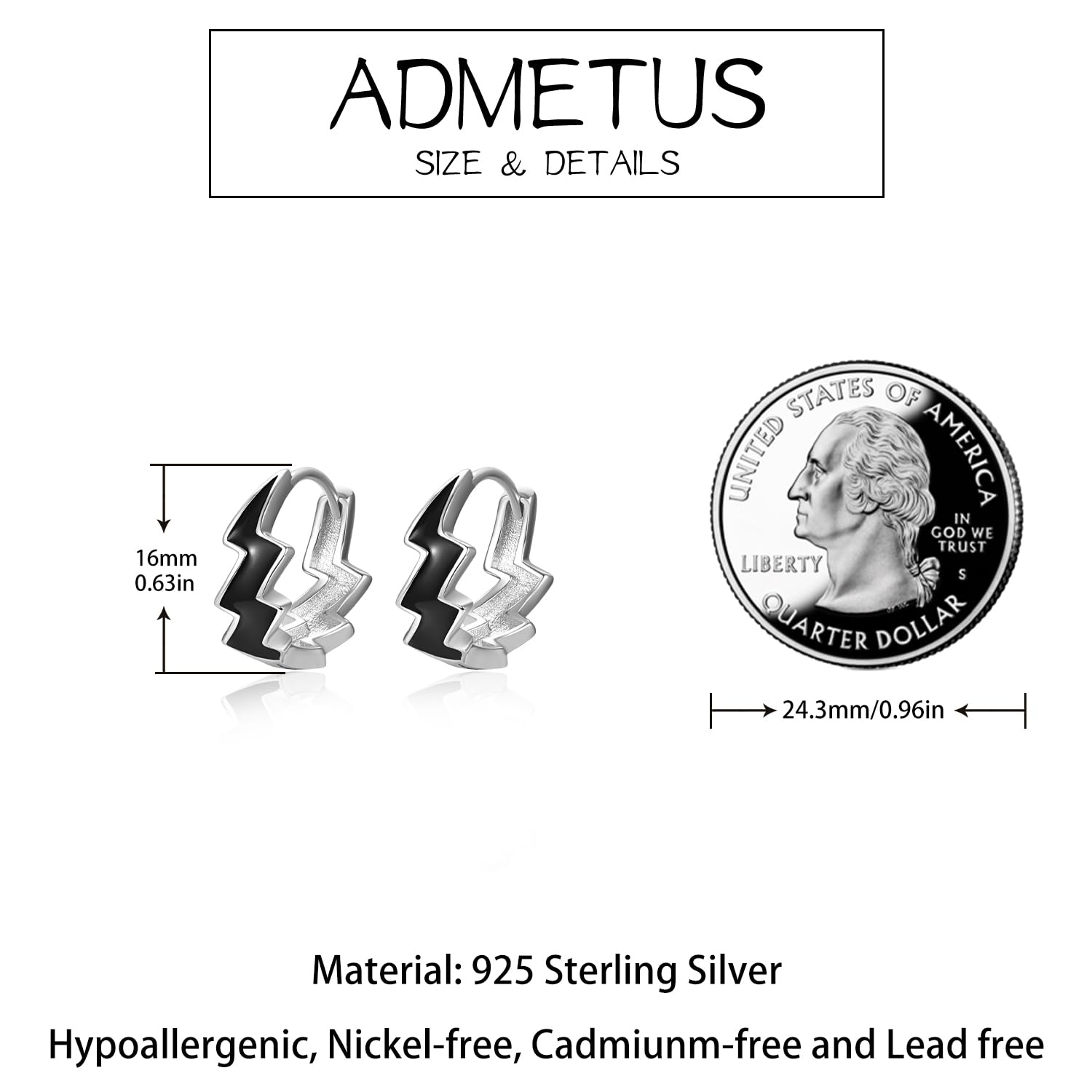 ADMETUS Hoop Earrings 925 Sterling Silver Black Sleeper Earrings Hypoallergenic Huggie Earrings Jewellery Gifts for Men Women with Gift Box