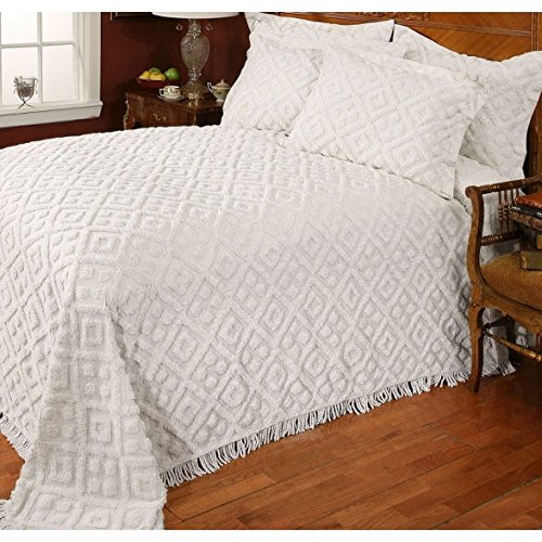 Generic Full Size Diamond Pattern Cotton Chenille Bedspread in White