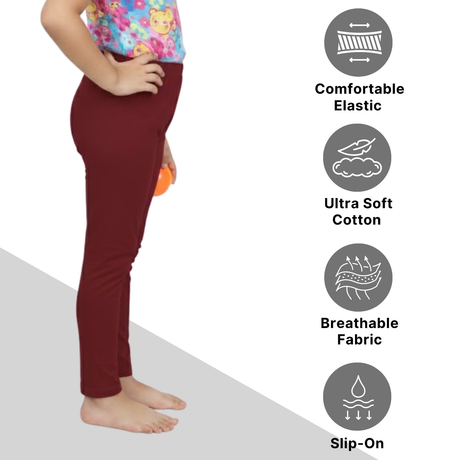 comfycute Cotton Leggings for Girls | Soft Stretchable Plain Ankle Length Bottoms for Kids | Non-Transparent Fabric | Comfortable Regular Fit Daily Leggings for All Day Use | 10-11 Yr Maroon - Image 4 thumbnail