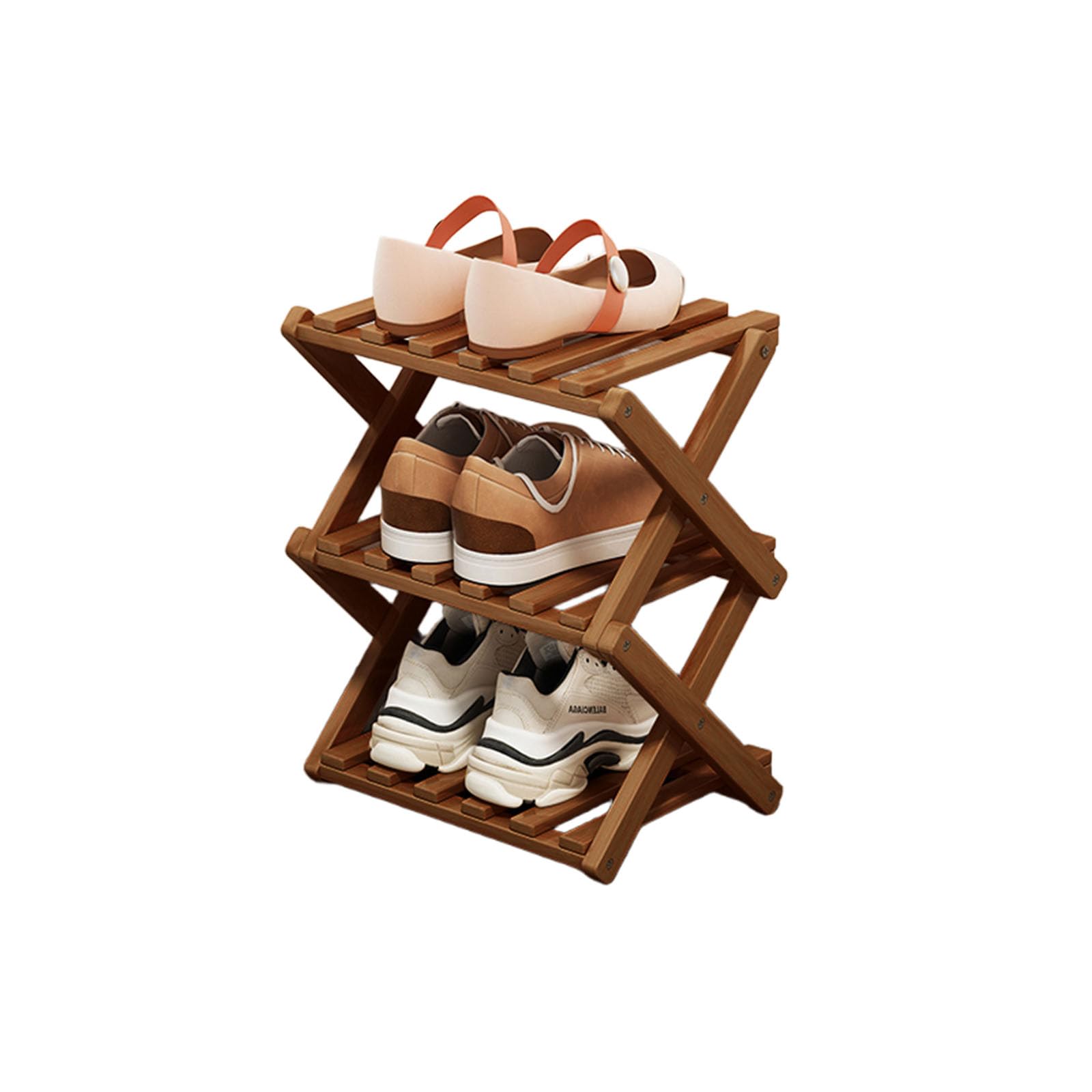 XUDREZ Wooden Folding Shoe Rack, Space Saving Bamboo Storage Organiser, Without Installation Narrow Shoe Stand for Small Spaces and Corners