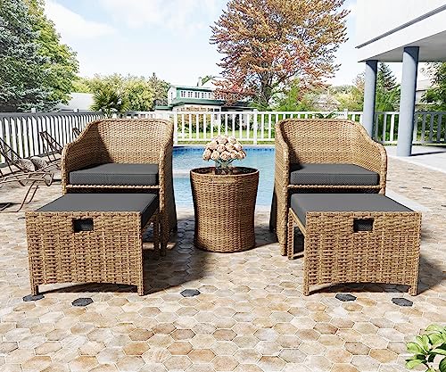 Esmlada OT003 Outdoor Patio Wicker 5-Piece Furniture Set, No Assembly Required All-Weather Rattan Conversation Bistro & Storage Table cover
