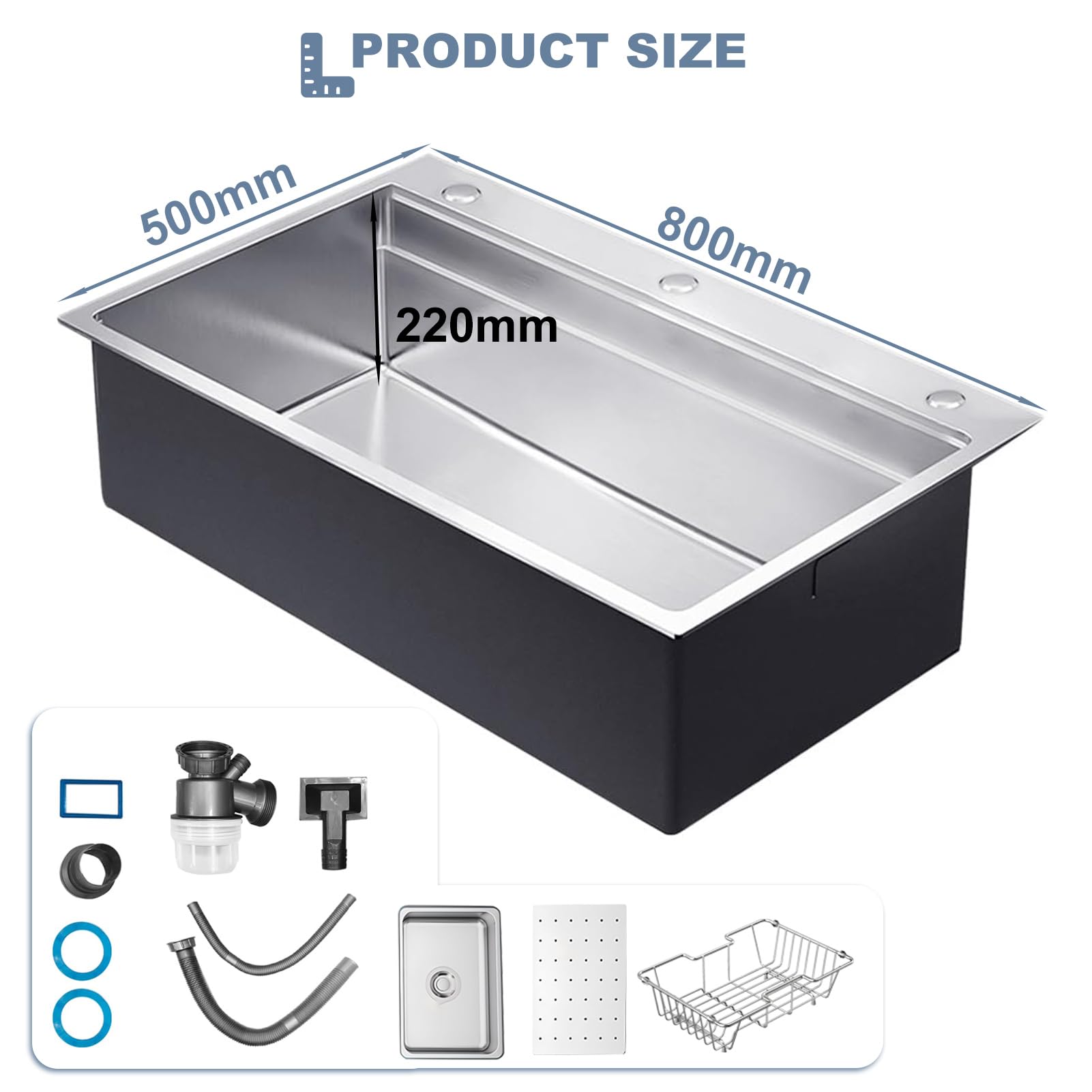 80x50CM Fregadero de cocina negro de acero inoxidable 304SUS, fregadero empotrable de 1 seno, fregadero de cocina de acero inoxidable rectangular, con escurridor, kit de desagüe y kit de
