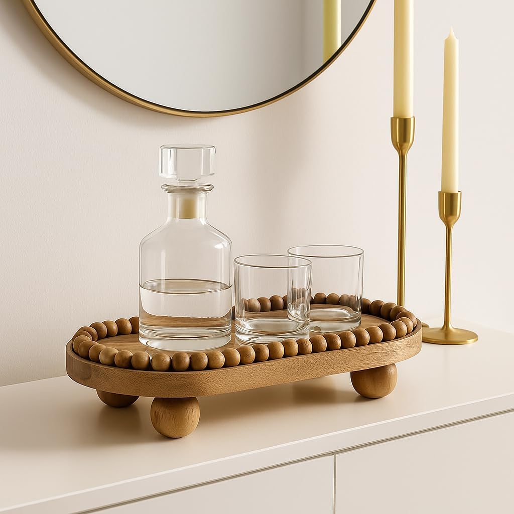 Tray for House and Coffee Table Decor – Elevated Wood Tray with Round Ball Feet for Centerpiece Table Decorations – Rustic Home Accent Perfect as Trinket, Jewelry, or Bathroom Vanity Tray – 4" Brown