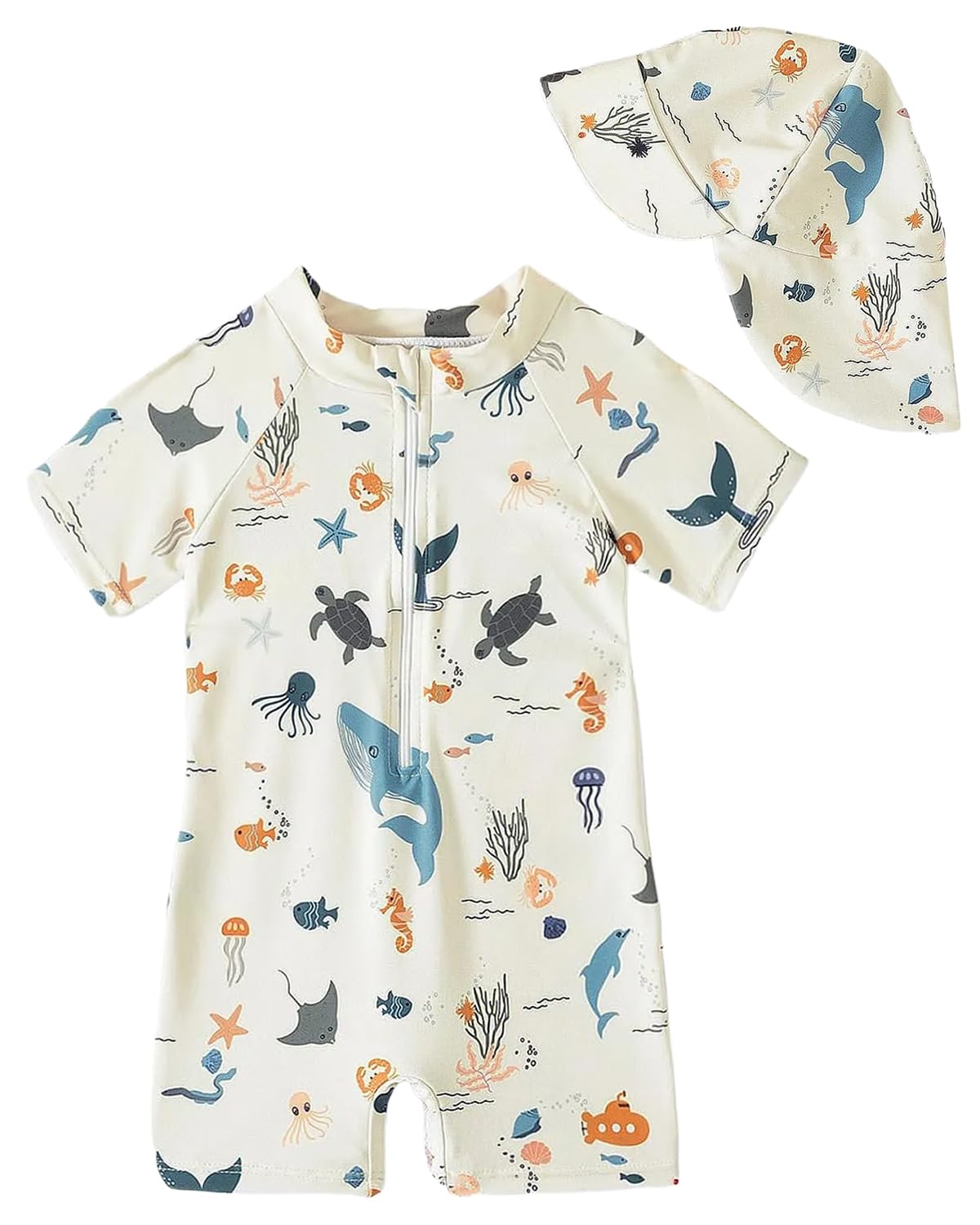 WYTbaby Maillot de bain pour bébé - Vêtement UV - Une pièce - Manches courtes - Protection UV - Pour bébé garçon - Avec chapeau de soleil
