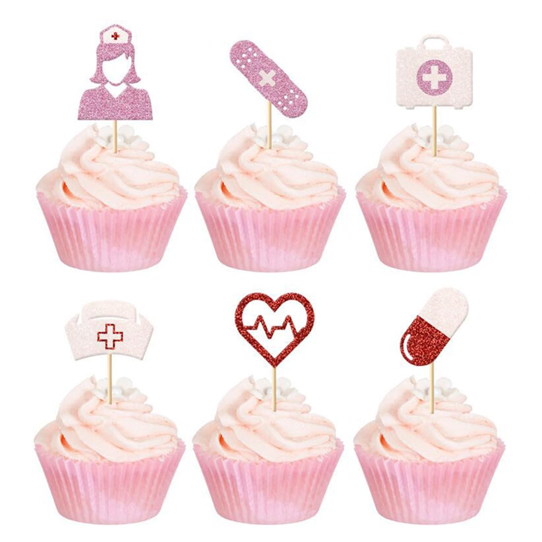 Morndew 24 PCS Doctor Nurse Cap Heart Design Pill Bandages Medical kit Cupcake Toppers for Hospital Rn Theme Party Medical School Graduation Party