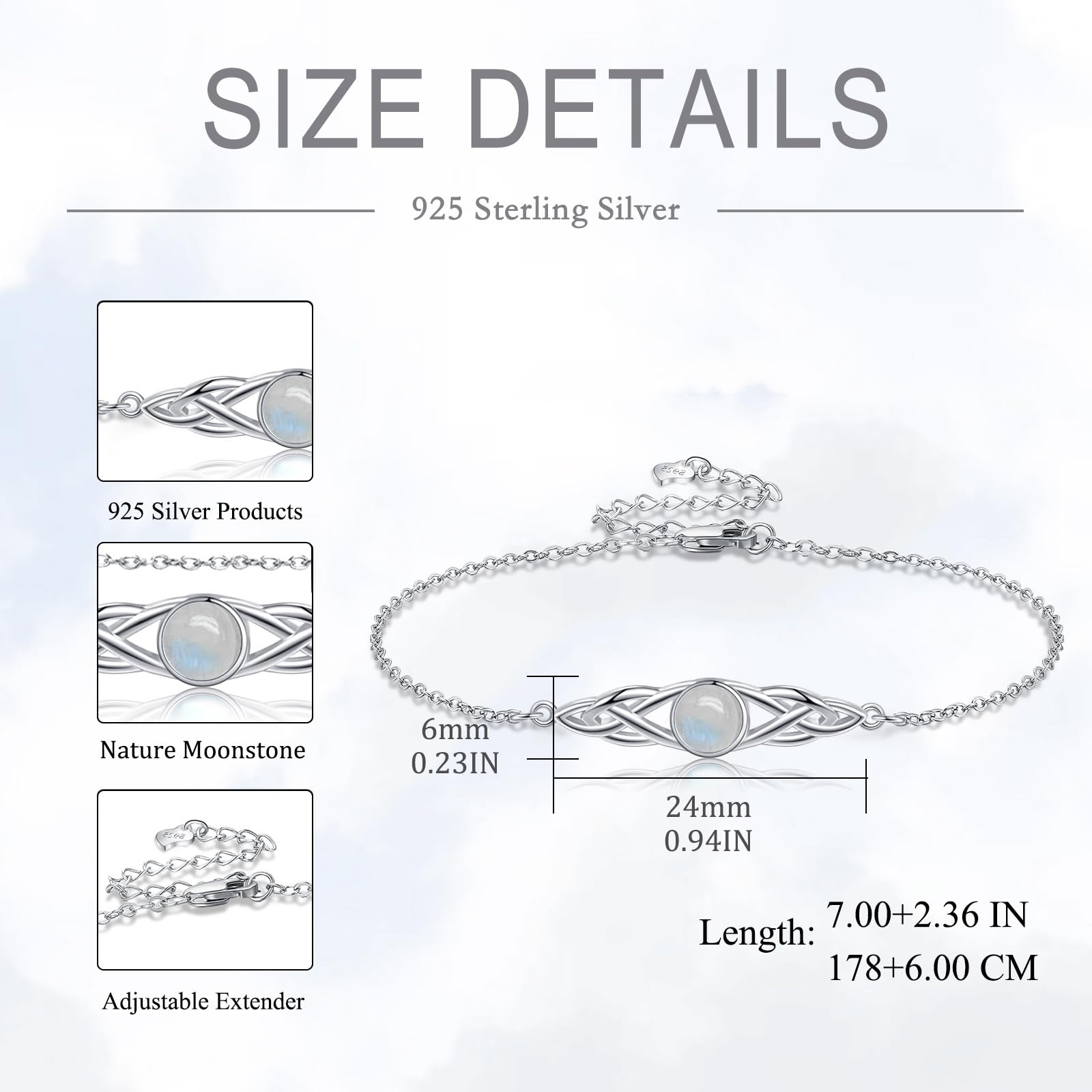 POPLYKE 925 Sterling Silber Keltische Armbänder Damen Irish Mondstein Larimar Moosachat Armband Knoten Viking Edelstein Mondstein Schmuck
