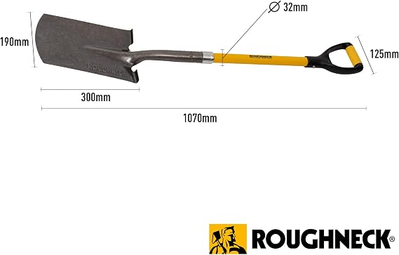 Roughneck Digging Spade 1070mm (42) – Heavy-Duty Carbon Steel Blade, Power Ring Reinforced Socket, Fibreglass Handle, Soft-Grip D-Handle, Foot Treads for Gardening, Landscaping & Groundwork