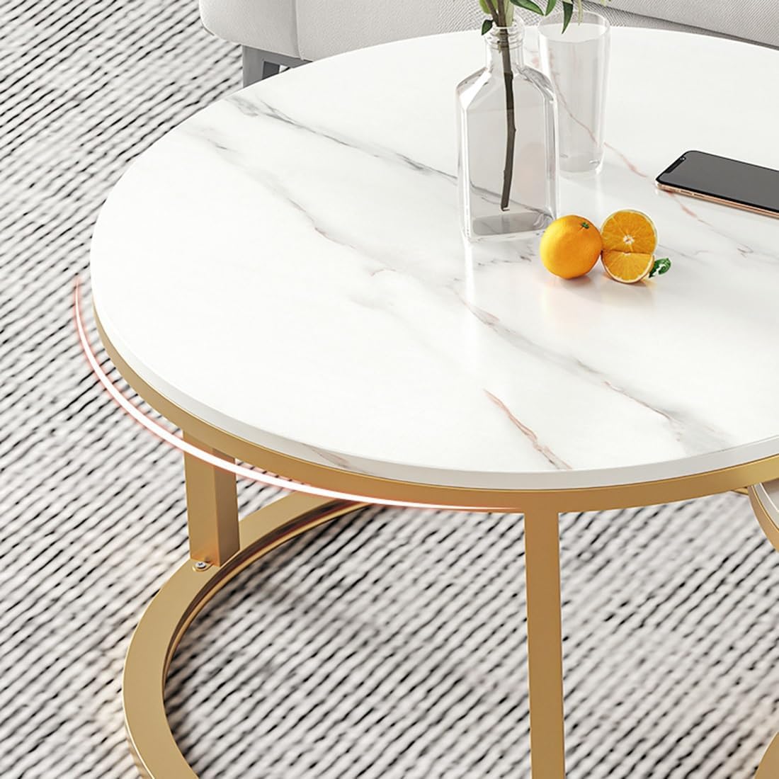 Coffee Table Nesting Set of 2 Side Set Golden Frame Circular Round and Marble Pattern Wooden Tea Eating Tables, Center Couch Tablw Living Room Bedroom Apartment Modern Simple Nightstand(Gold frame,70+