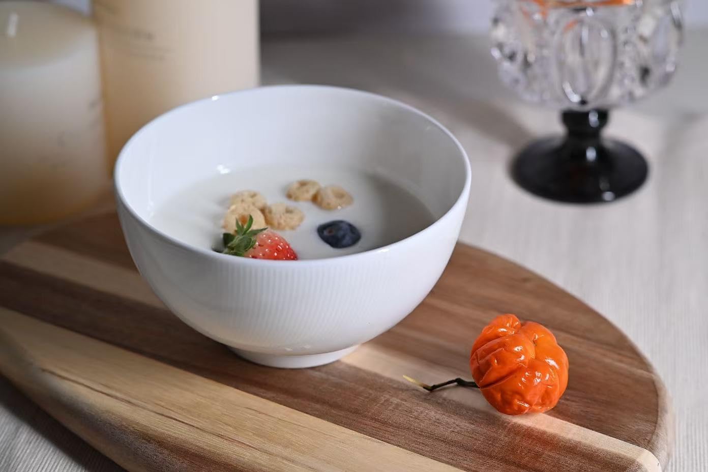 Setaria Bone China Dinnerware Set, 12 Pieces, Service for 4, Plates, Dishes, Bowls Set, Microwave and Dishwasher Safe, Ivory White with Narrow Curve Stripe