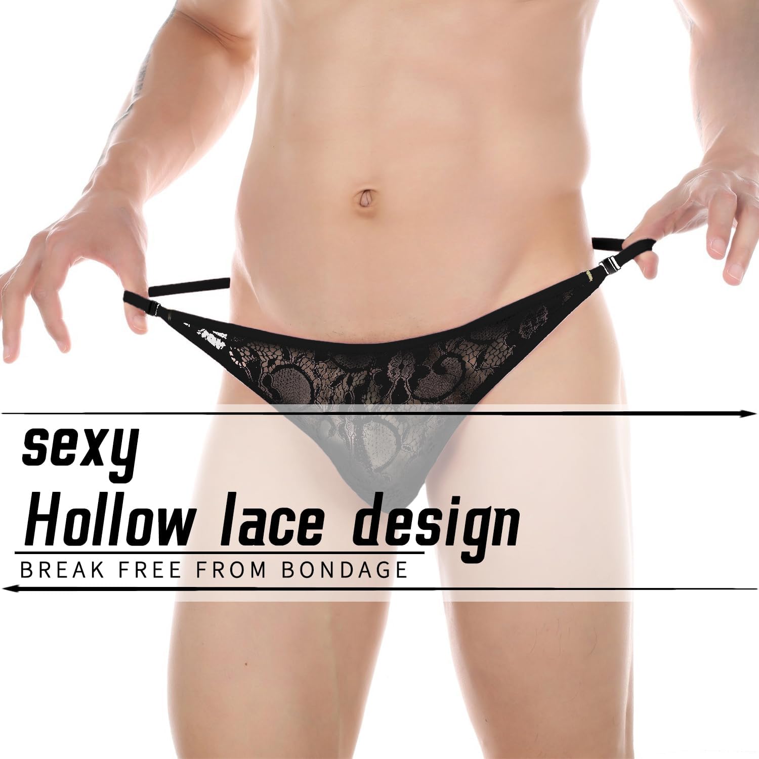 Mens Lace Thong Sexy Low Rise Sissy Thong Panties with Adjustable Stretch Waistband Men's Thong Underwear - Image 2