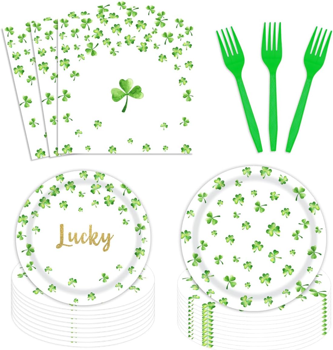 96PCS St. Patrick's Day Party Plates and Napkins Party Supplies Green Shamrock Tableware Set Party Decor Favors for Lucky Green St Patrick Theme Party Serves 24