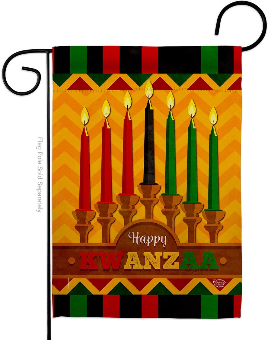 Happy Kwanzaa Holiday Garden Flag Set Wall Holder Black History Kinara Candles Celebrates African Americans Heritage Small Decorative Gift Yard House Banner Made In USA 13 X 18.5