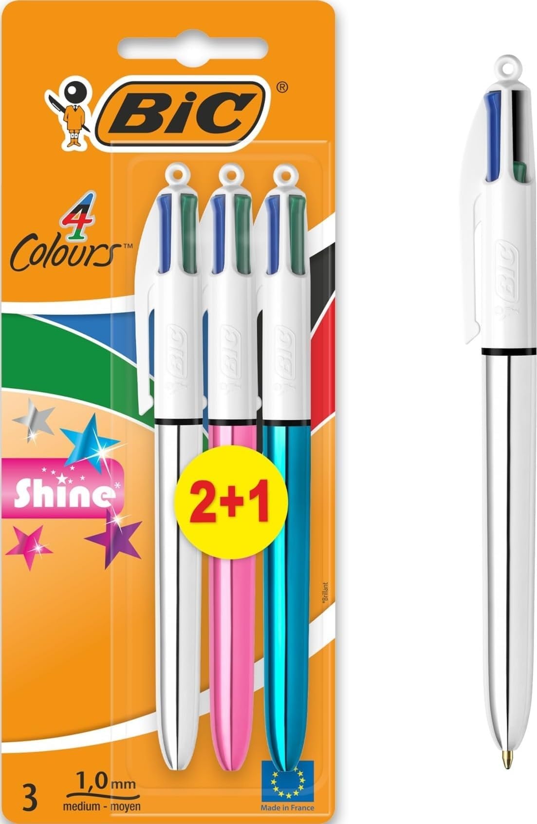 BIC 4 Colours Pens Multicolour Shine - Assorted Metallic Barrel Retractable Ballpoint Pens - Pack of 3