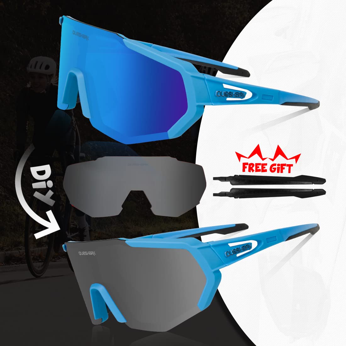 Queshark Polarizzati Anti-UV con 3 o 5 Lenti Occhiali da Ciclismo Bici MTB Intercambiabili per Sport Uomo Donna Guida Pesca Golf Baseball Corsa