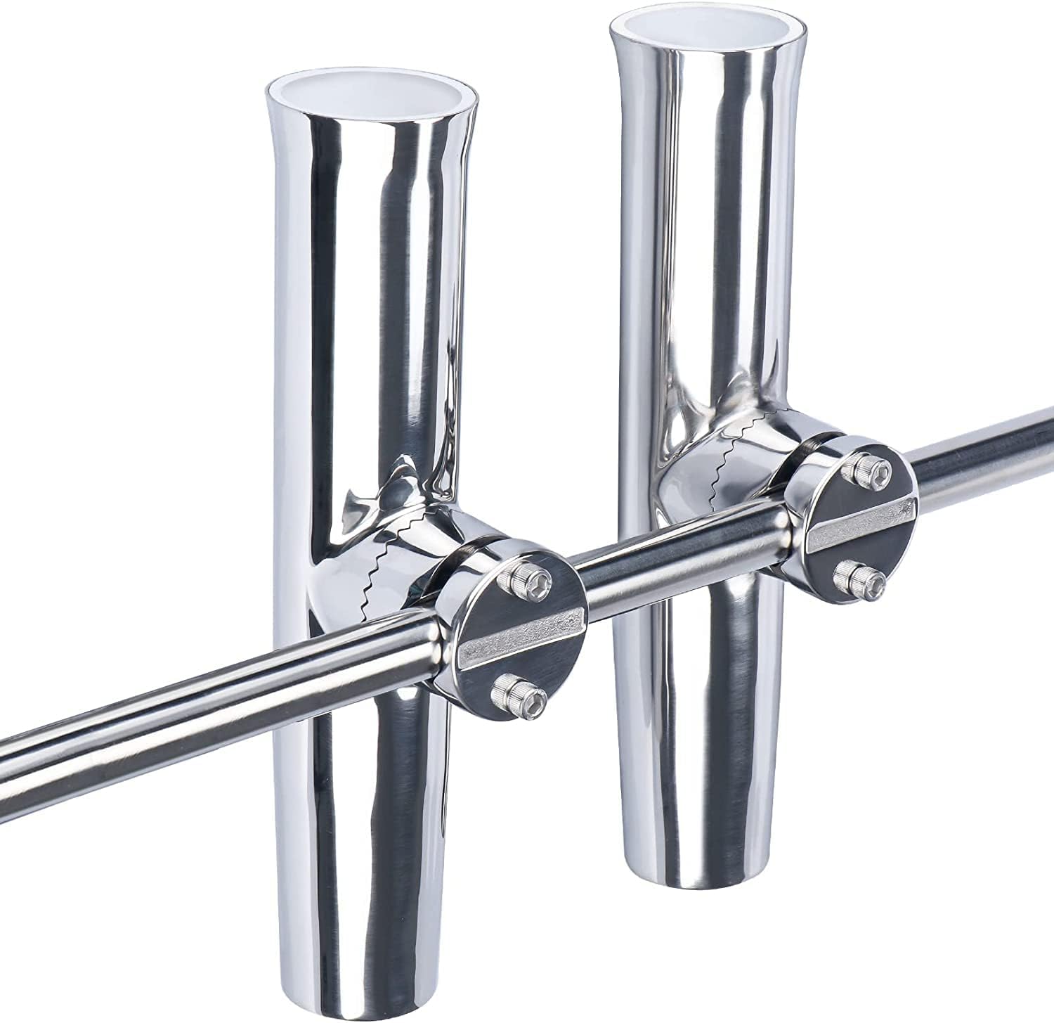 2Pcs Fishing Rod Holders for Boat, 304 Stainless Steel Tournament Style Fishing Pole Holders Side Mounted with Clamp-on 1" to 1-1/4" Rail for Marine Boat Yacht RV Truck