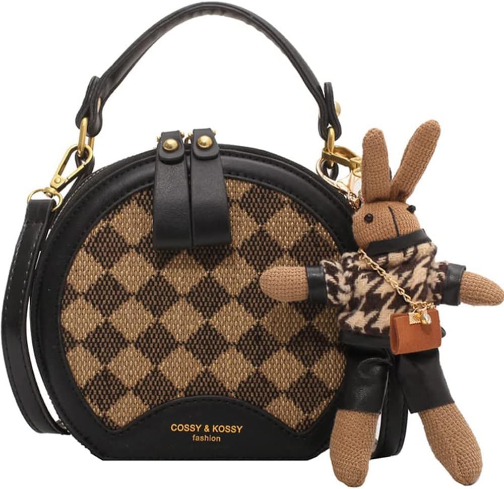 RTGGSEL Rhomboid Patterned Bucket Bag Crossbody Shoulder Bags for Women Cylinder Purse Satchel Handbags with Bunny Doll