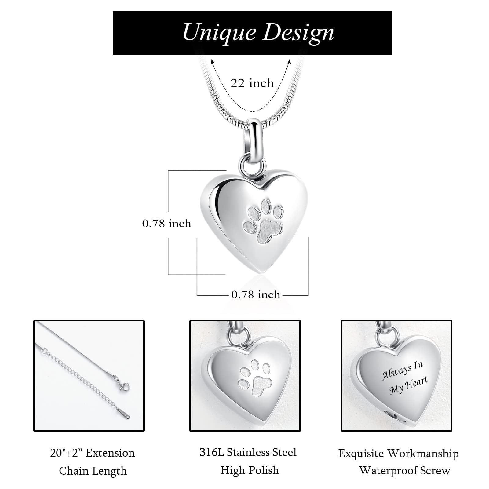 Pet Cremation Jewelry, Paw Print & Heart Urn Pendant Necklace Memorial Keepsake for Dog's & Cat's Ashes - Image 4