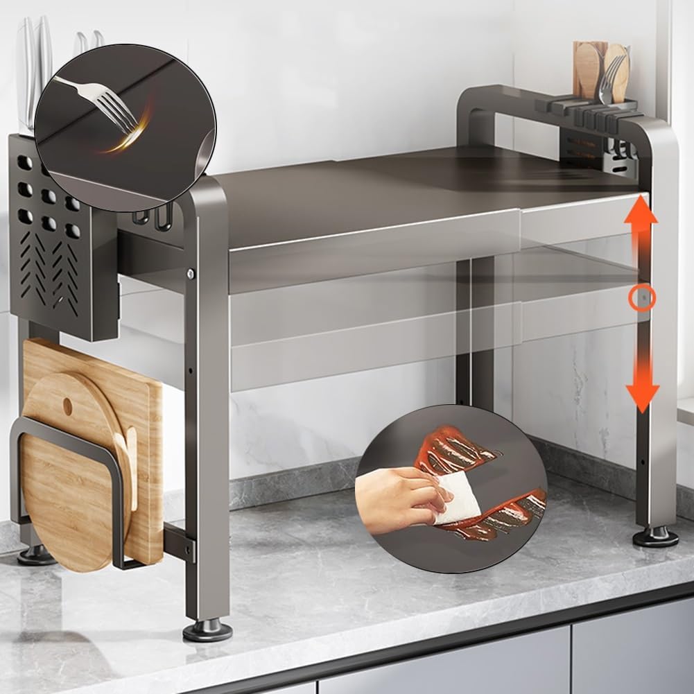 Microwave oven rack 2-tier organizer with hooks Cutting board Shelf, extendable 39-64 cm/15.3-25.2 in