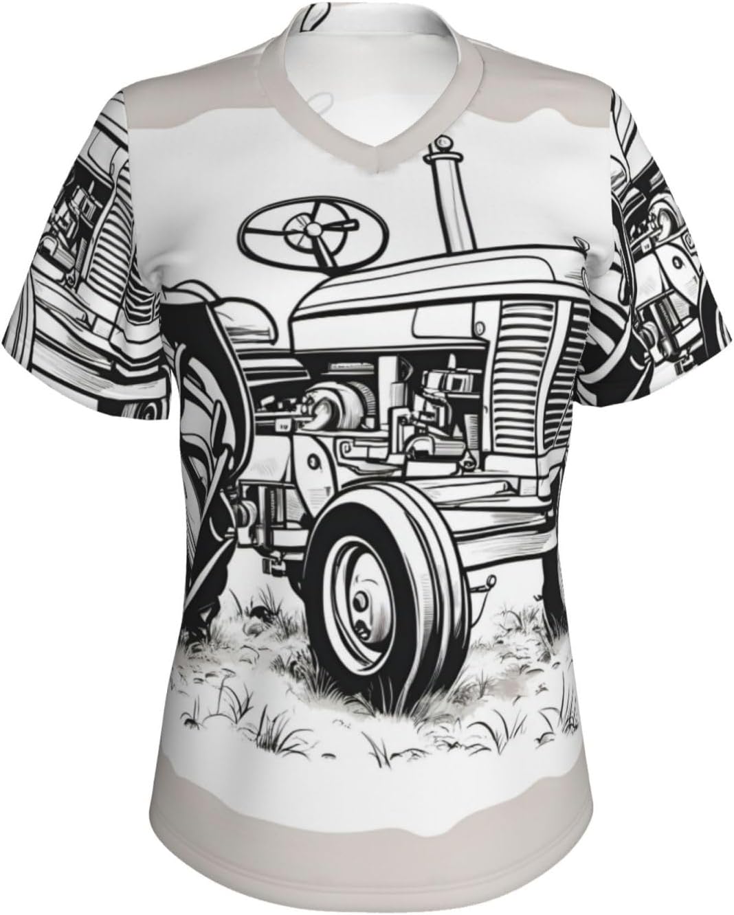 Women Casual Cartoon Tractor Print V-Neck T-Shirt Short Sleeve Summer Trendy Tops.