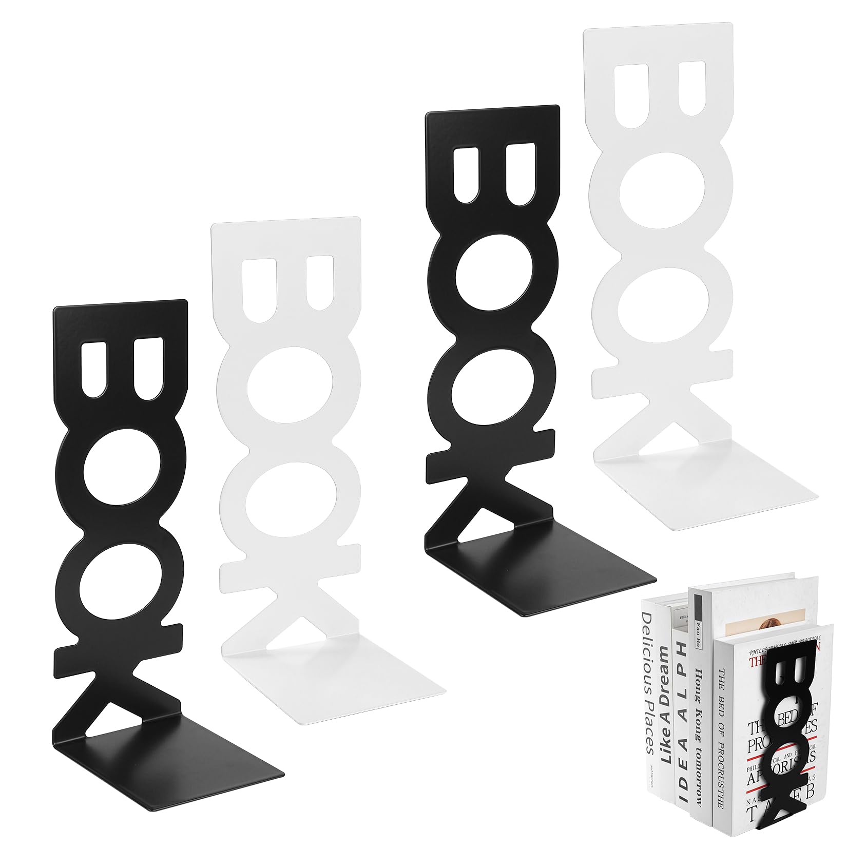 4 Pcs/2 Pairs Book Ends for Shelves Quirky Letter Design, Decorative Metal Bookends for Shelves, White Black Book Holder for Shelf SupportsBook Stoppers for Shelves Office Library Bookshelf Decor