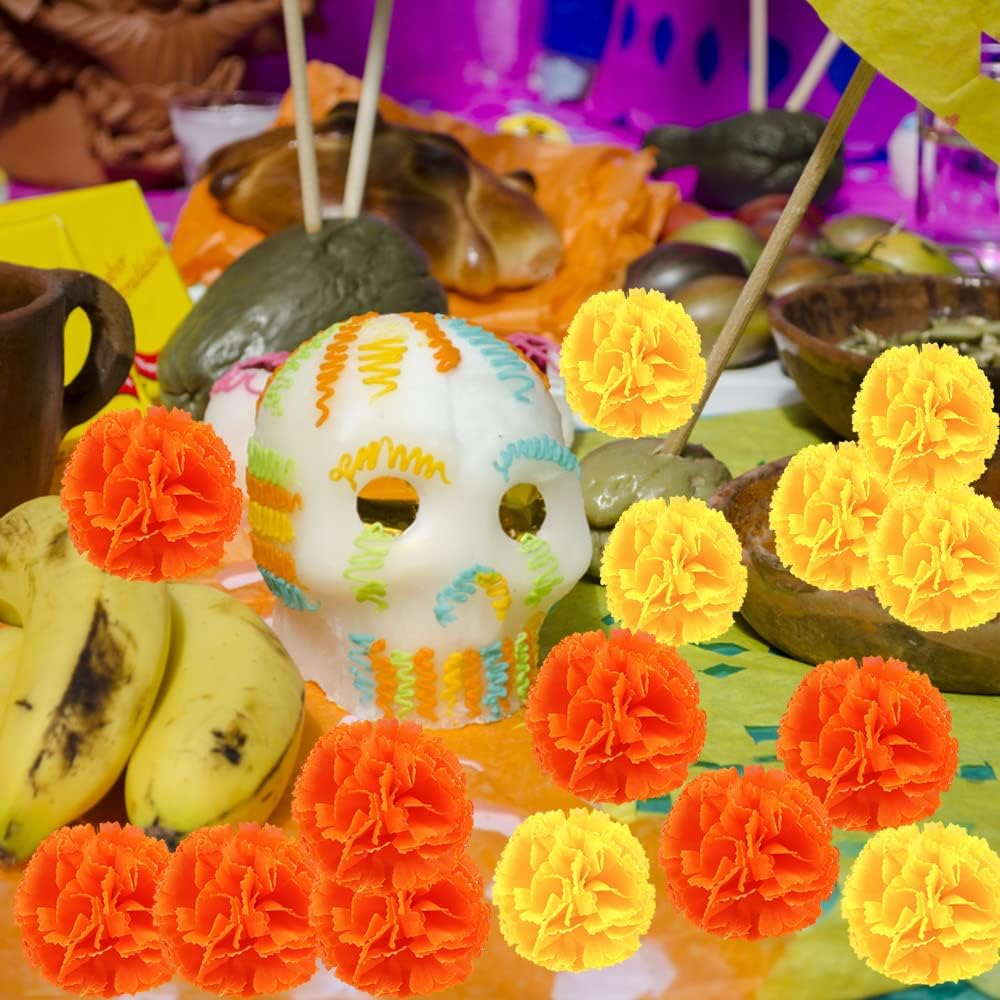 50 Pcs Marigold Flower Heads Bulk, Artificial Mexican Flowers Silk Fake Marigold Heads with Stems for Diwali Day, Day of The Dead, Wreath Garland(Yellow & Orange) - Image 5