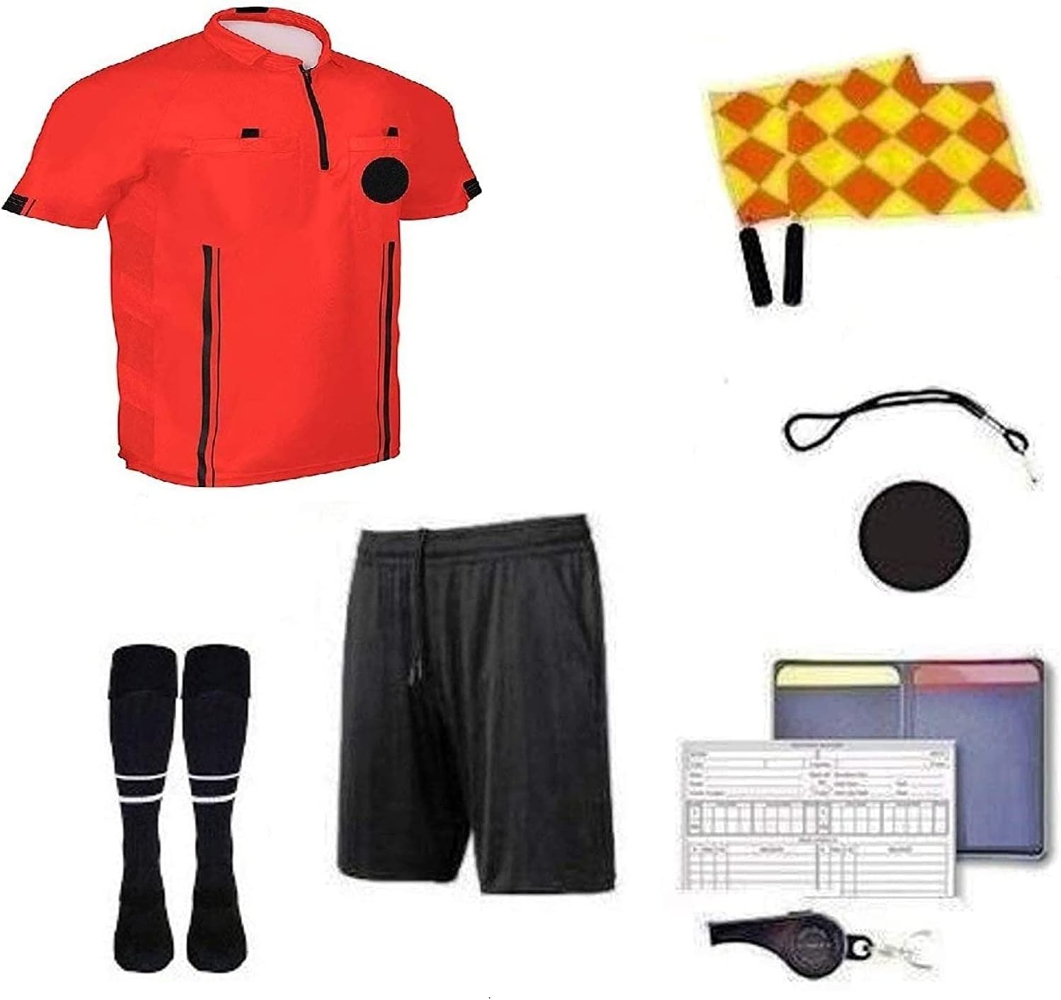 9 Pcs Football Soccer Referee Package Kit Men Referee Costume Ref Shirt Linesman Flags, Referee Whistle Soccer Referee Cards Sport Soccer Accessory for Adult Teenager