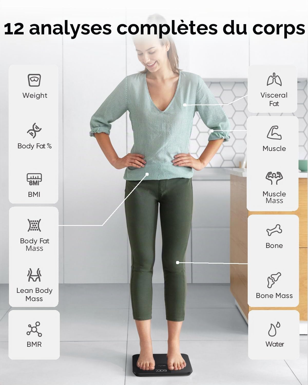 eufy Pèse-personne numérique avec Bluetooth, balance de graisse corporelle, 12 mesures, poids/graisse corporelle/IMC, analyse de la composition corporelle, noir, lbs/kg, Smart Scales A1
