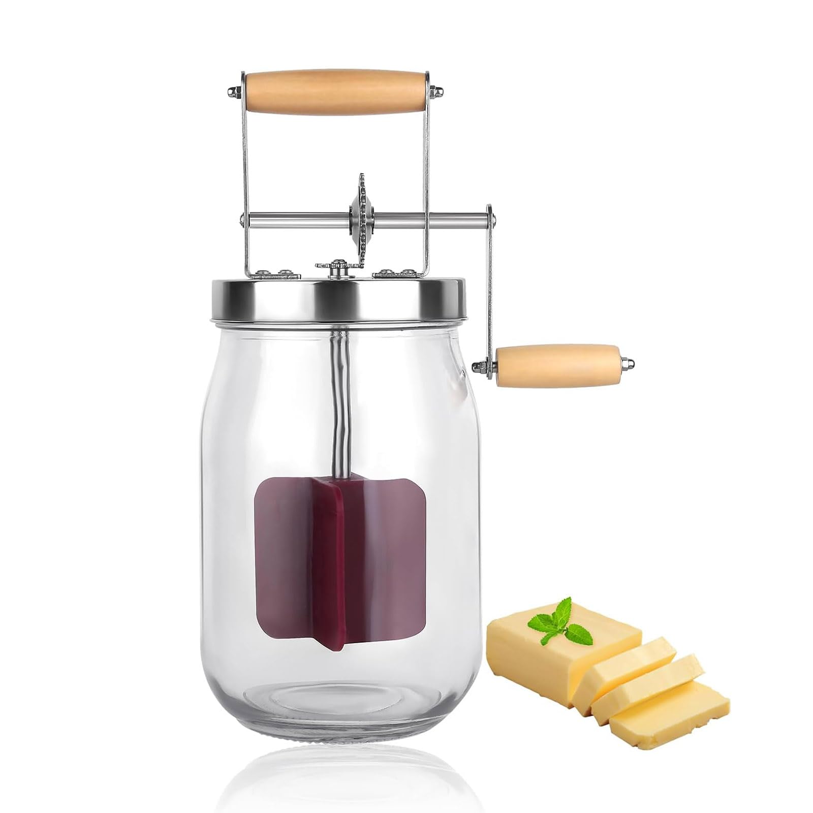 GYKOZY Butter Churn, Butter Maker, Butter Churner Hand Crank Jar, Wooden Handle Shakes Stainless Steel Gear Manual, Gadgets Butter Maker, for Kitchen Accessories (1000ml)