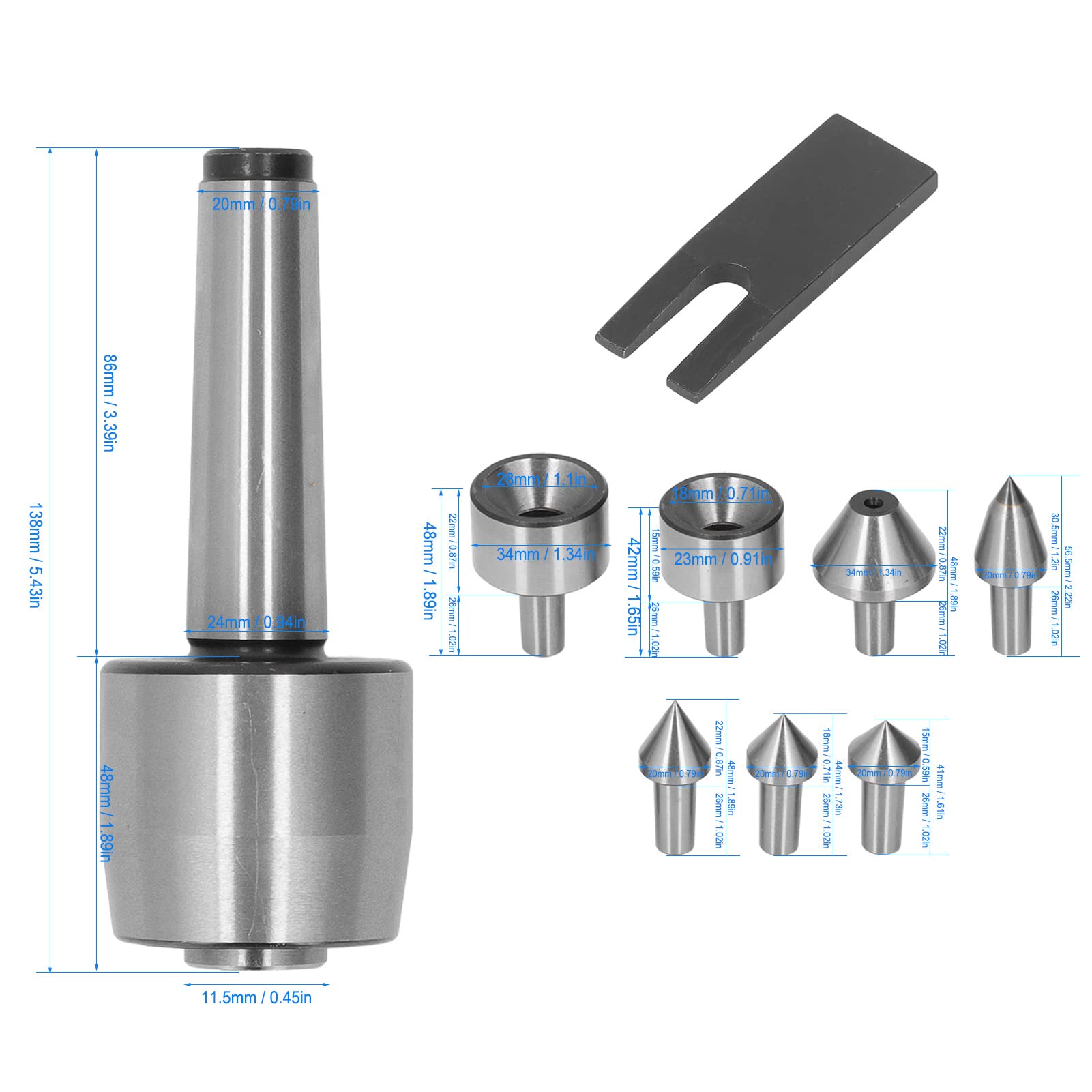 Mt3 Medium Duty Live Center Set, Morse Taper Revolving High Carbon Steel 0.0006 Accuracy CNC Lathe Tool MT3 with 7 Interchangeable Points for Lathe Tailstock Machine