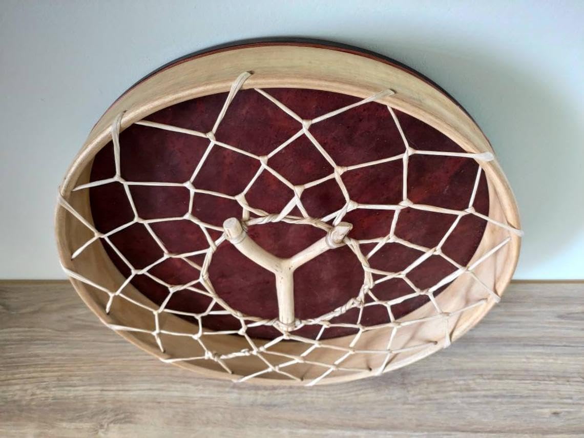 Tambour chamanique de 16 pouces (40 cm), cadre en bois, peau de buffle, lacets en cuir brut, percussion chamanique faite à la main, son doux et profond, yoga, méditation, guérison médicinale + batteur