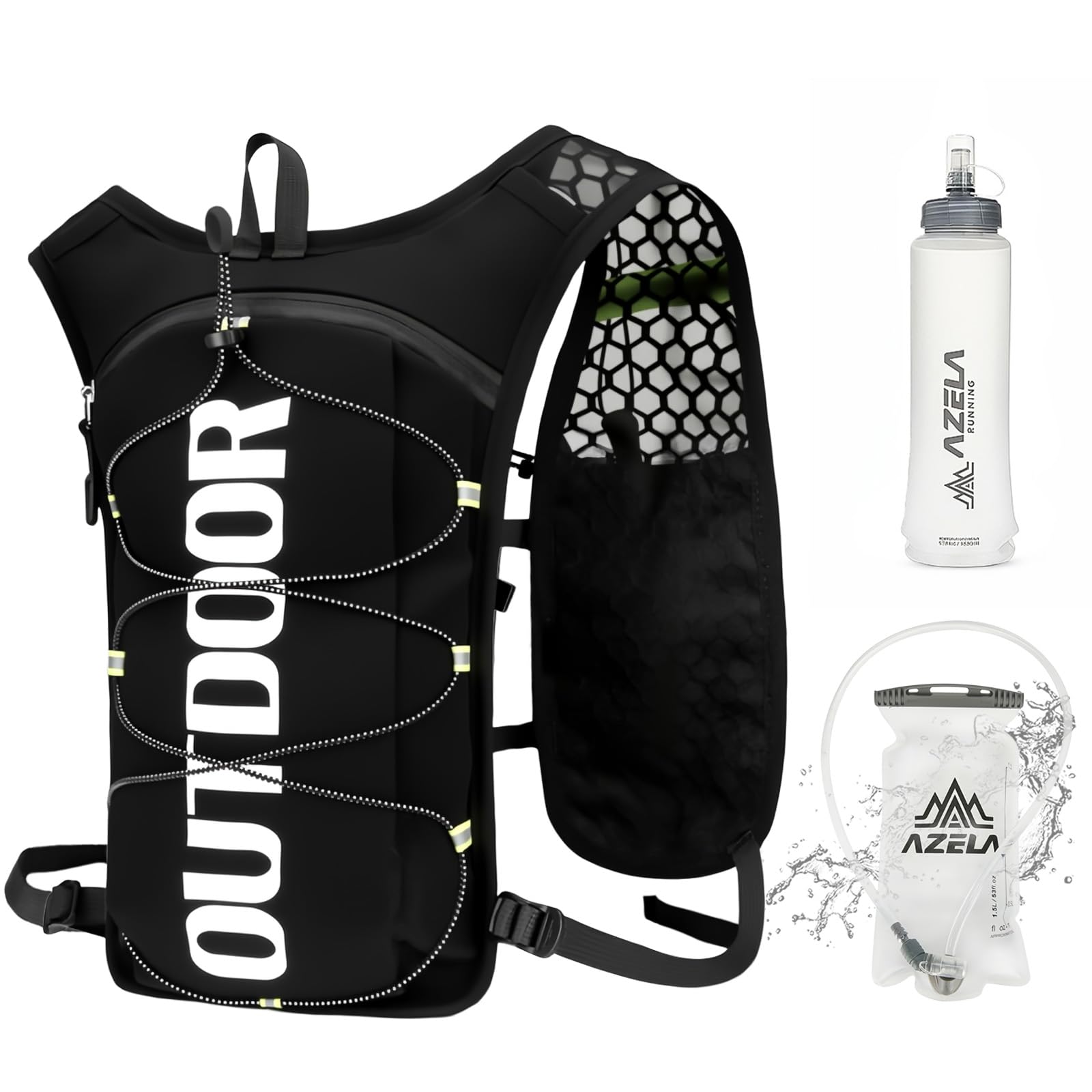 Gilet da Corsa per Uomo e Donna, Zaino Trail Running con 1.5L Sacca Idrica 500ml Borraccie Morbide, Zaino Idratazione Regolabile, Zaino da Corsa per Escursionismo Sentieri Maratone Ciclismo