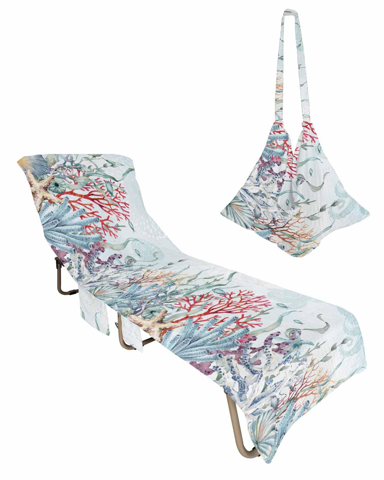 Coastal Coral Beach Lounge Chair Towel Cover, Soft Chaise Lounge Towel with Side Pockets Patio Pool Chairs Cover for Beach/Pool Sunbathing 29x85 Sea Nautical Starfish Shell Ocean Beach