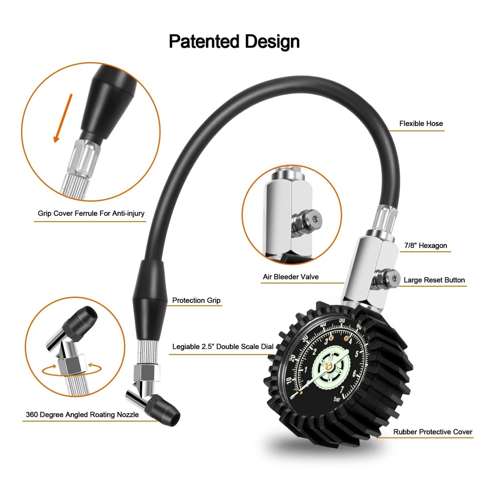 Reifendruckmesser, 100 PSI, 30 PSI, 15 PSI, Leuchtet Im Dunkeln, 2,5 Zoll Zifferblatt, Mechanischer Reifendruckmesser, Flexibler Schlauch, Abgewinkeltes Spannfutter Einfach Zu Bedienen(AS003-15psi)